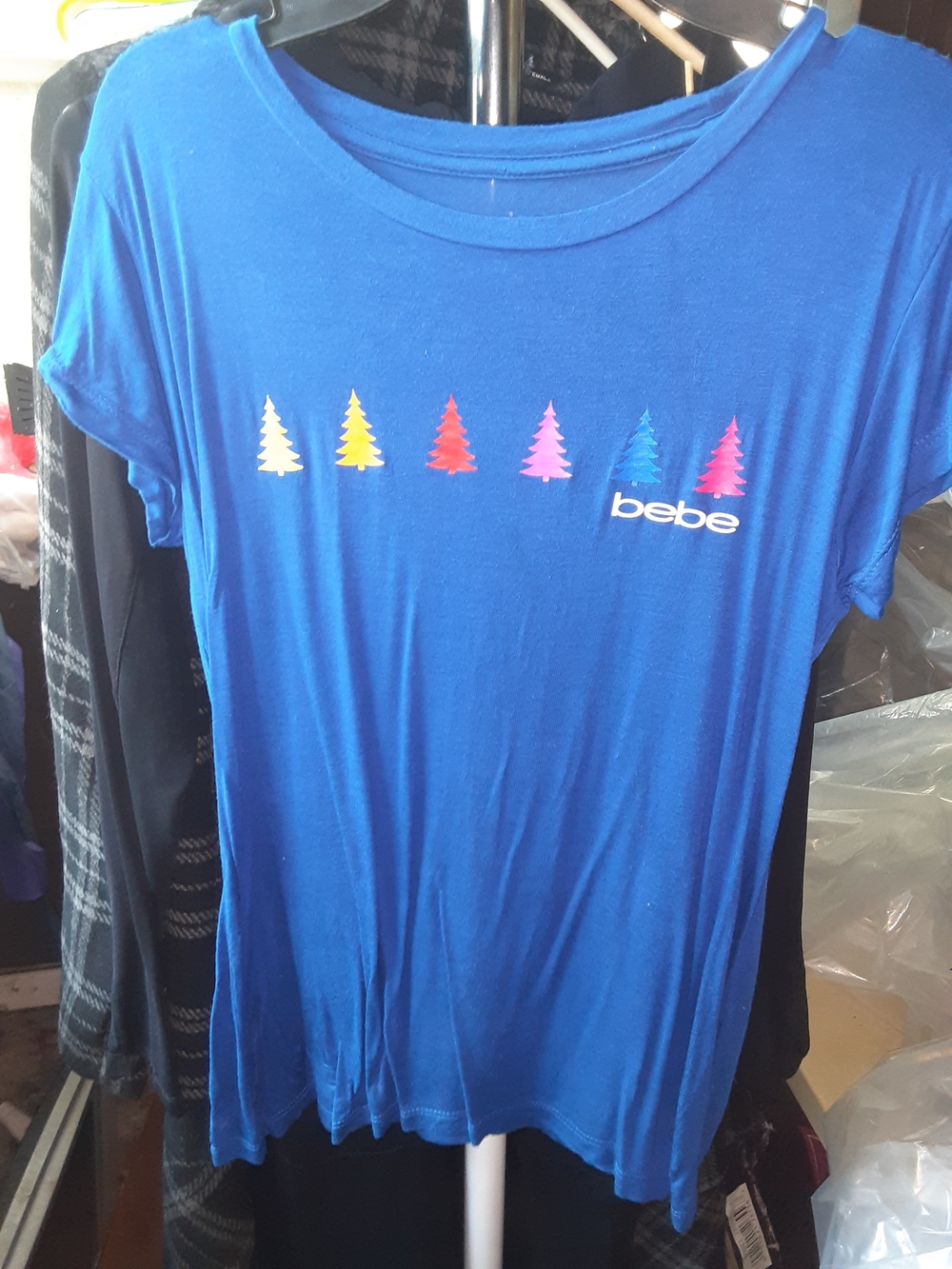 bebe Blue Graphic Tee with Colorful Tree Motif